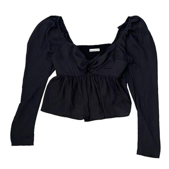 Abercrombie & Fitch Long-Sleeve Sheer Twist-Front Top size S Black - Picture 5 of 10
